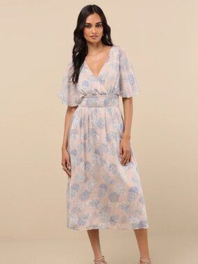 Lulus Subtle Romance Beige Floral Print Ruffled Midi Dress - Size M